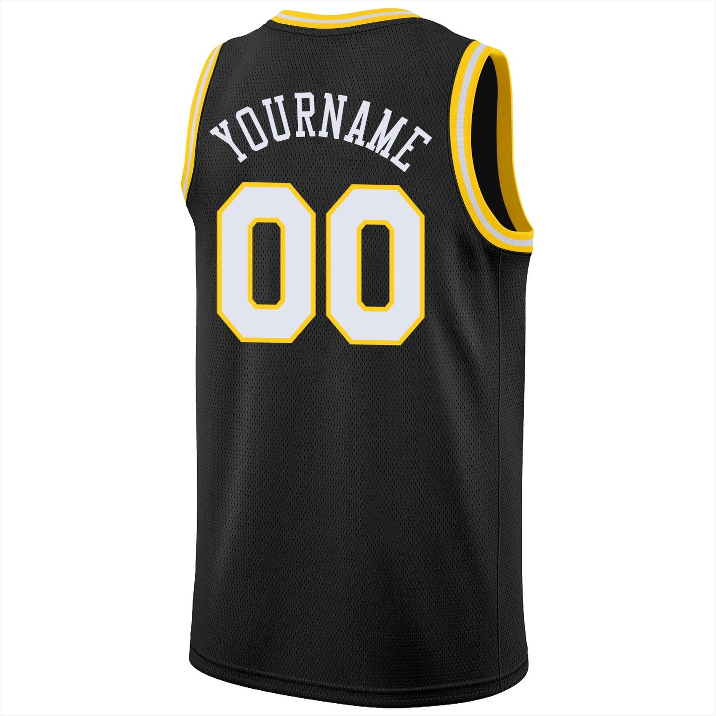 Custom Black White-Gold Round Neck Rib-Knit Basketball Jersey view 6