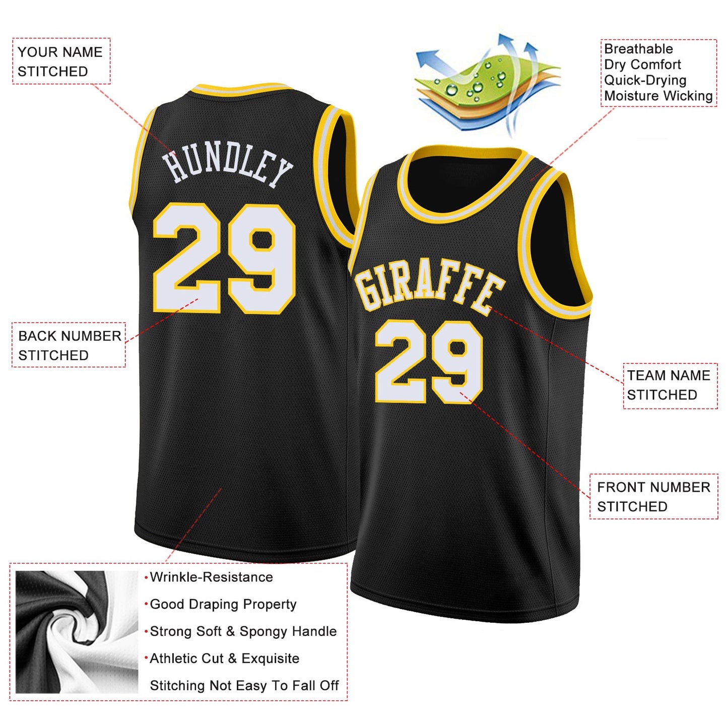Custom Black White-Gold Round Neck Rib-Knit Basketball Jersey view 2