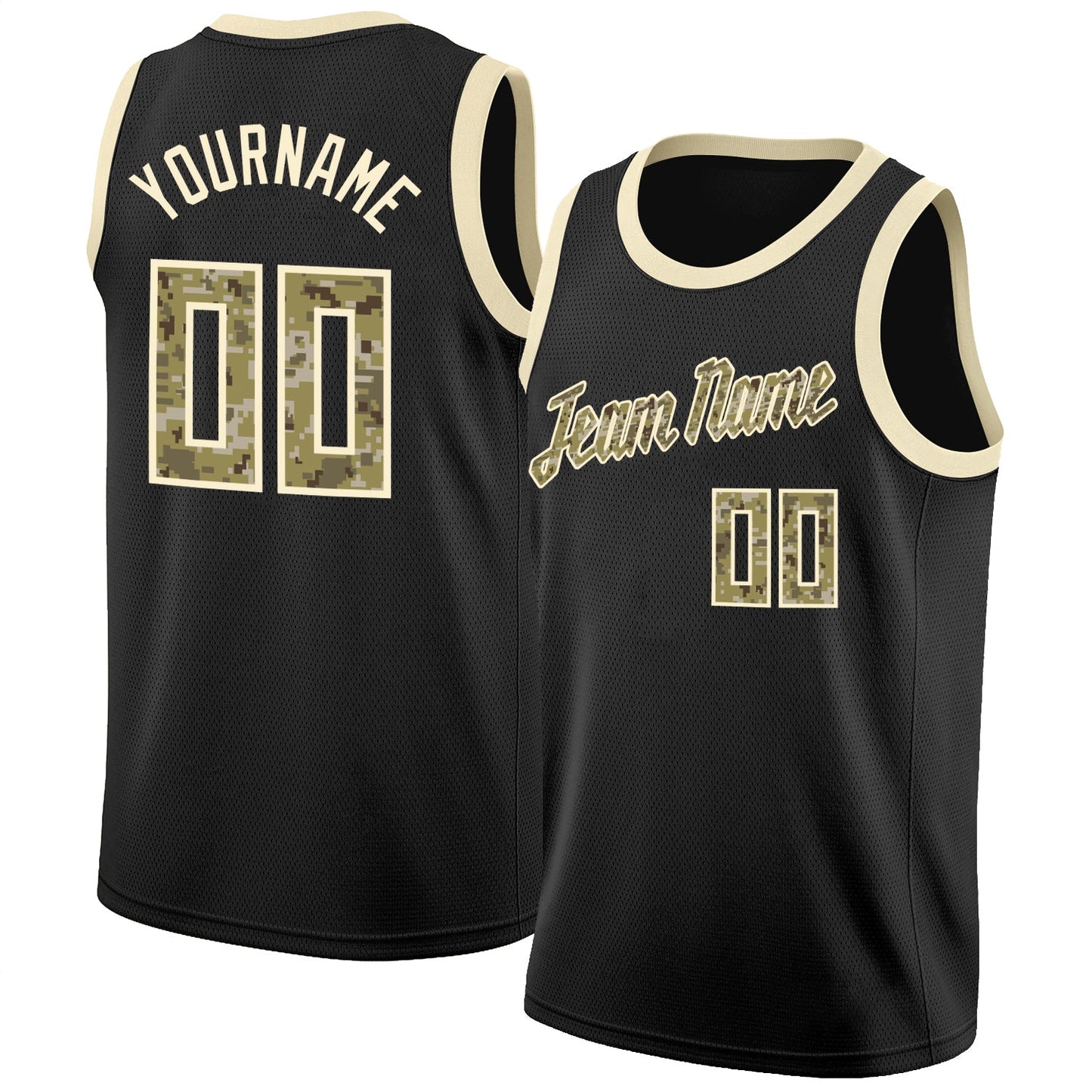 Custom Black Camo-Cream Round Neck Rib-Knit Basketball Jersey - Main View