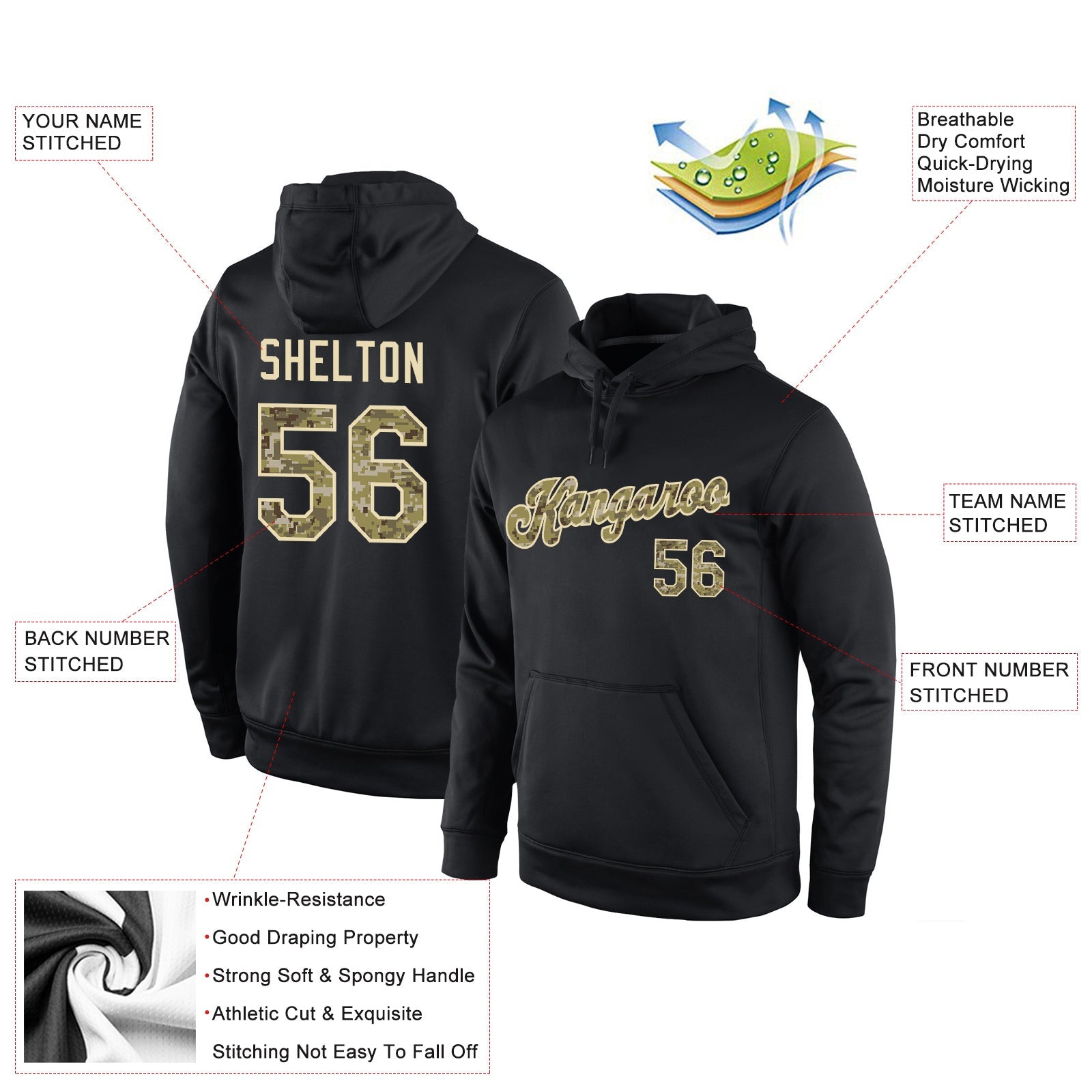 Custom Stitched Black Camo-Cream Sports Pullover Sweatshirt Hoodie view 4