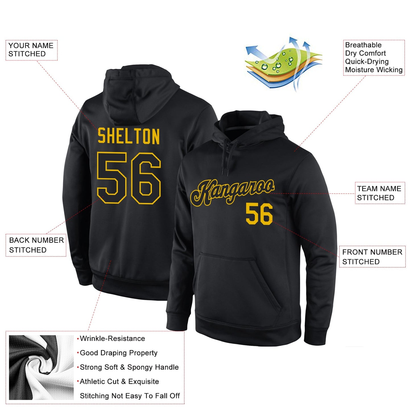 Custom Stitched Black Black-Gold Sports Pullover Sweatshirt Hoodie view 4