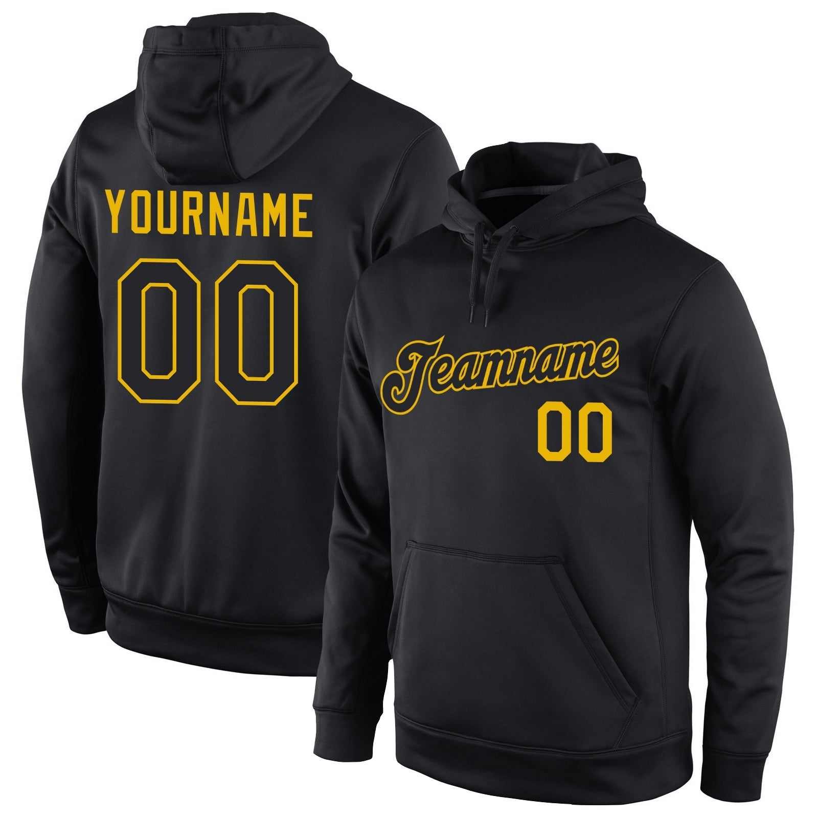 Custom Stitched Black Black-Gold Sports Pullover Sweatshirt Hoodie - Main View