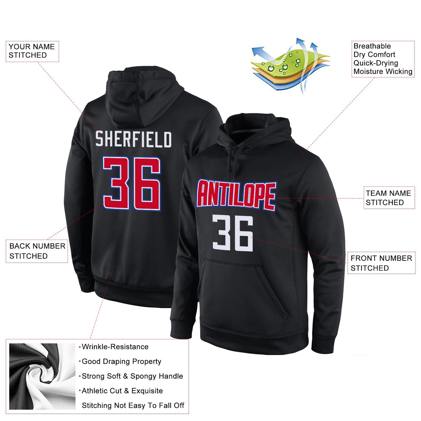 Custom Stitched Black Red-White Sports Pullover Sweatshirt Hoodie view 4