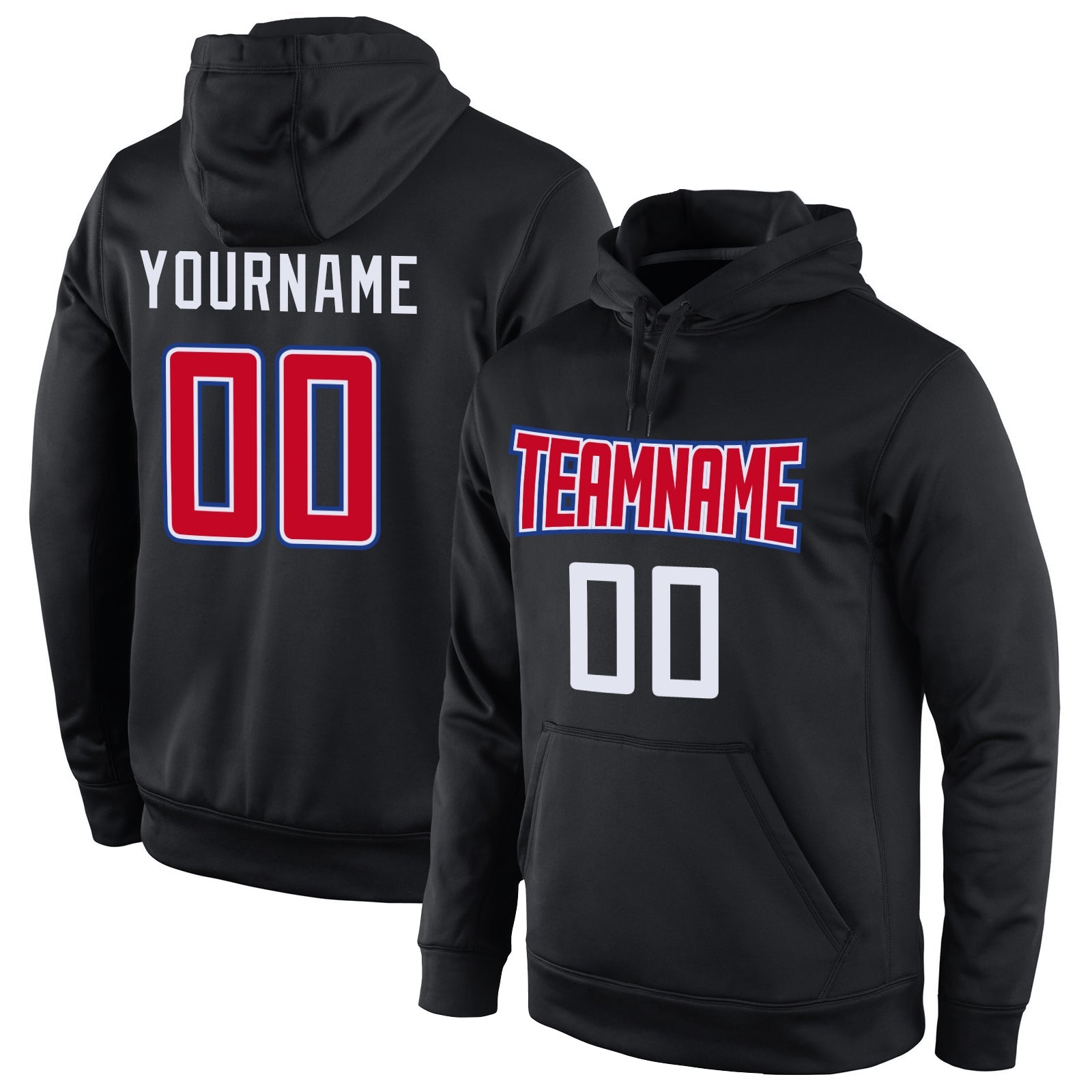 Custom Stitched Black Red-White Sports Pullover Sweatshirt Hoodie - Main View