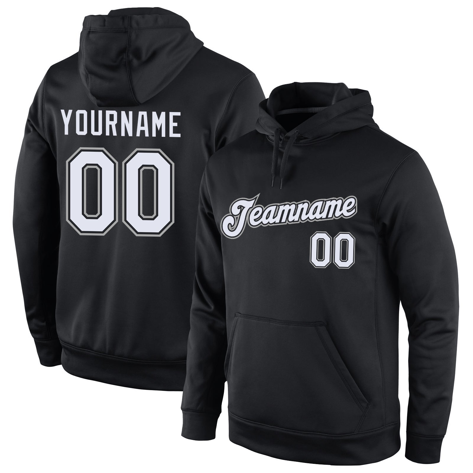 Custom Stitched Black White-Gray Sports Pullover Sweatshirt Hoodie - Main View