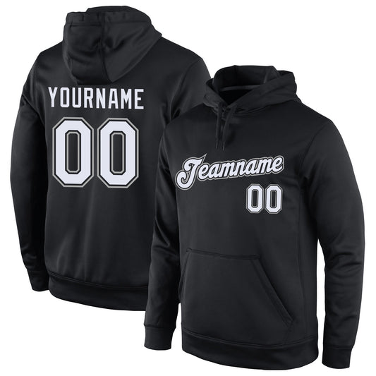 Custom Stitched Black White-Gray Sports Pullover Sweatshirt Hoodie - Main View