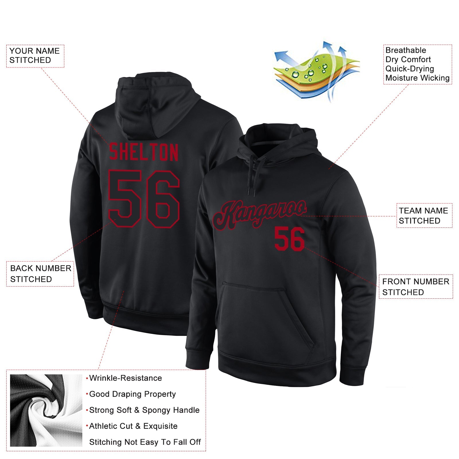 Custom Stitched Black Black-Red Sports Pullover Sweatshirt Hoodie view 5