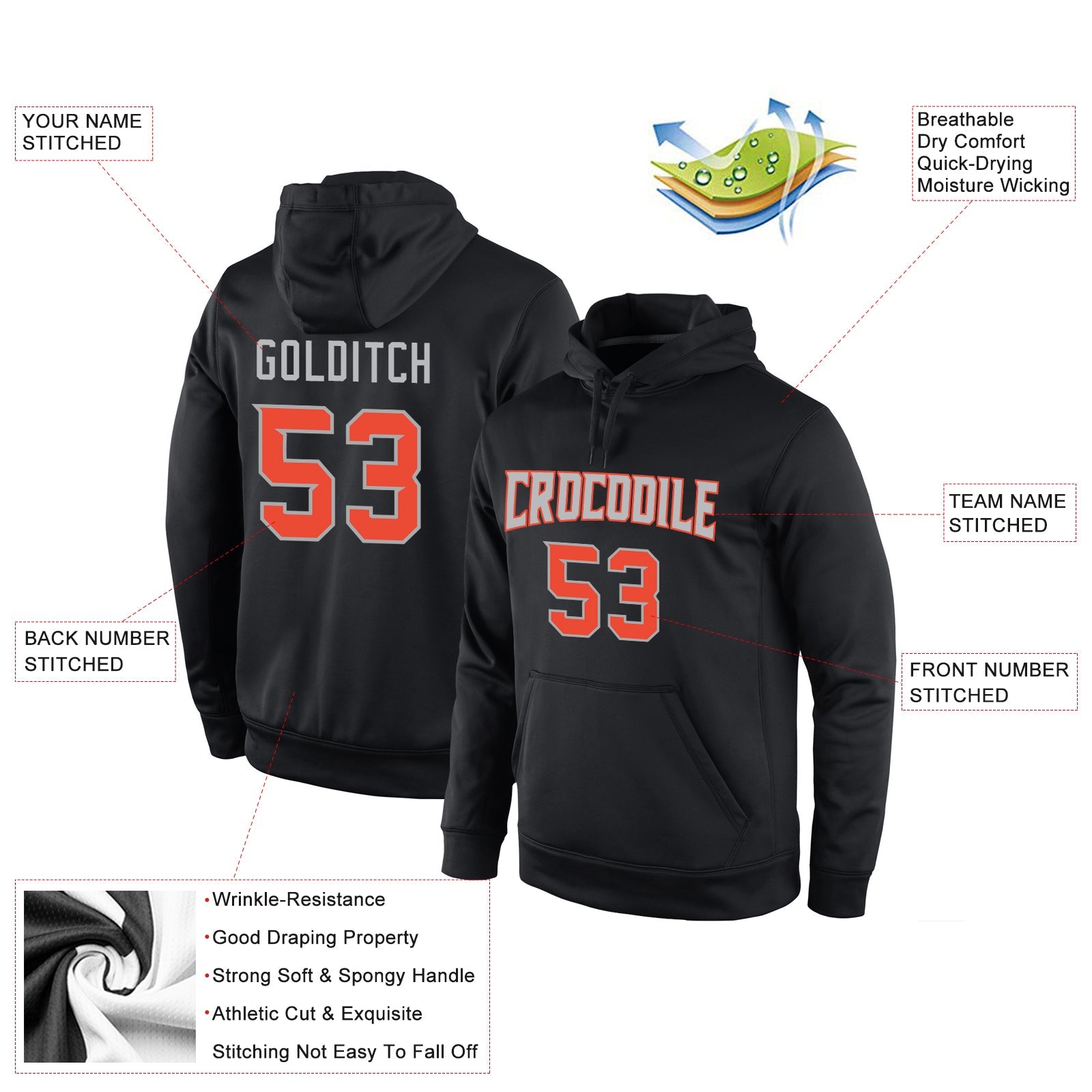 Custom Stitched Black Orange-Gray Sports Pullover Sweatshirt Hoodie view 4