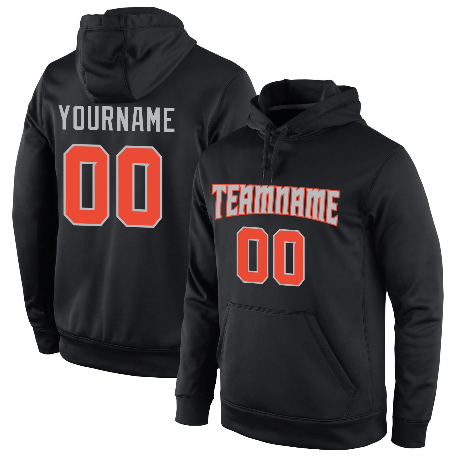 Custom Stitched Black Orange-Gray Sports Pullover Sweatshirt Hoodie - Main View