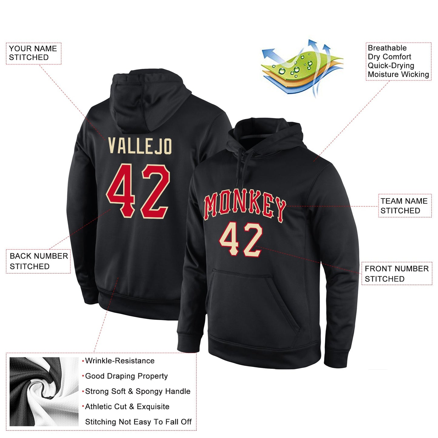 Custom Stitched Black Red-Cream Sports Pullover Sweatshirt Hoodie view 4