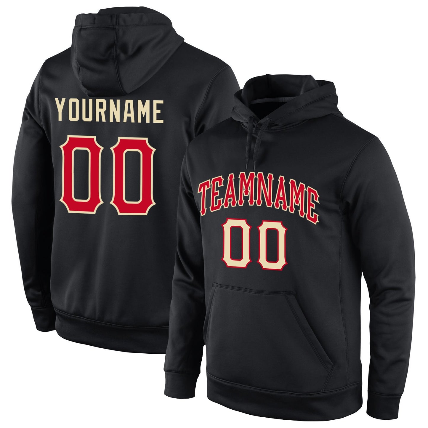 Custom Stitched Black Red-Cream Sports Pullover Sweatshirt Hoodie - Main View
