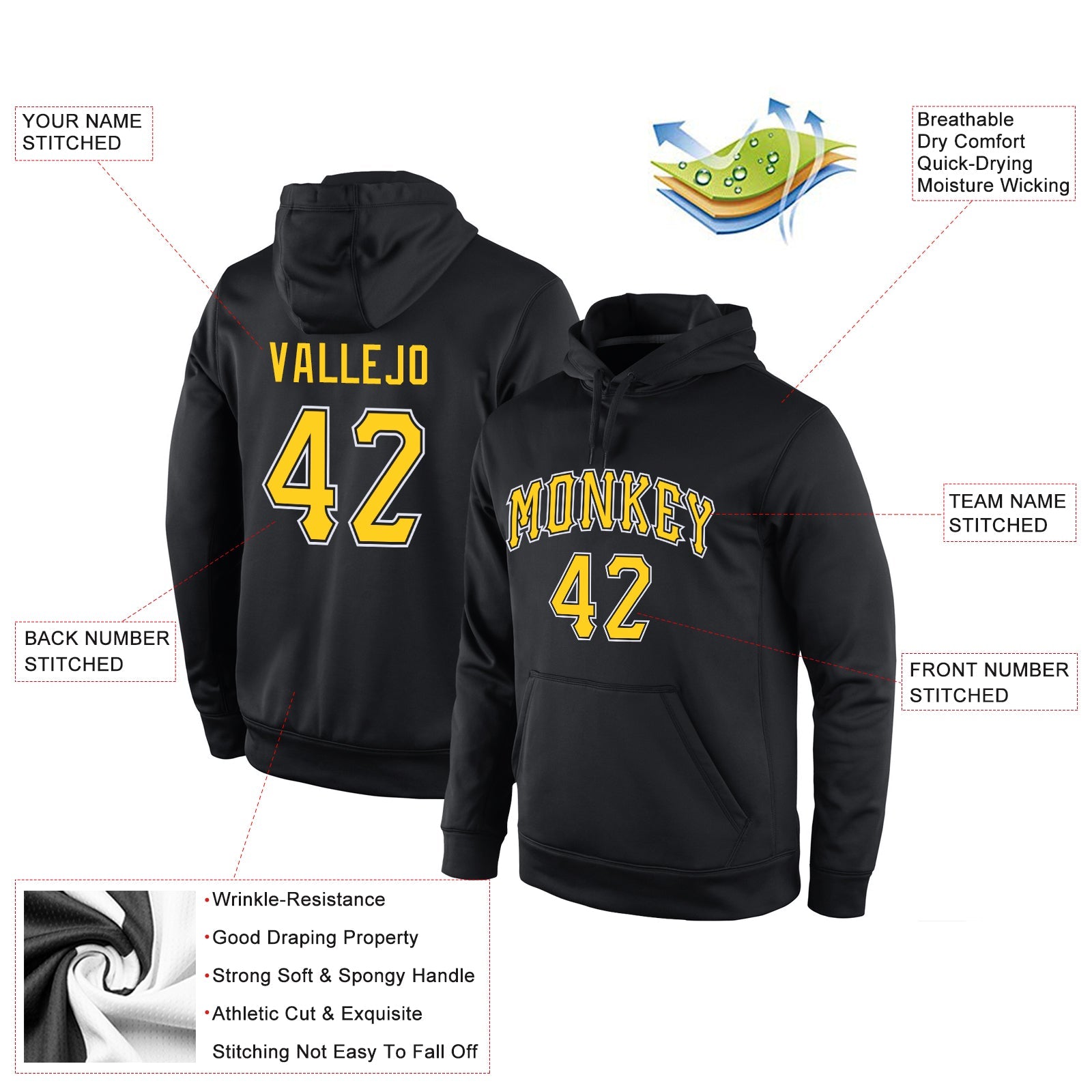 Custom Stitched Black Gold-White Sports Pullover Sweatshirt Hoodie view 5