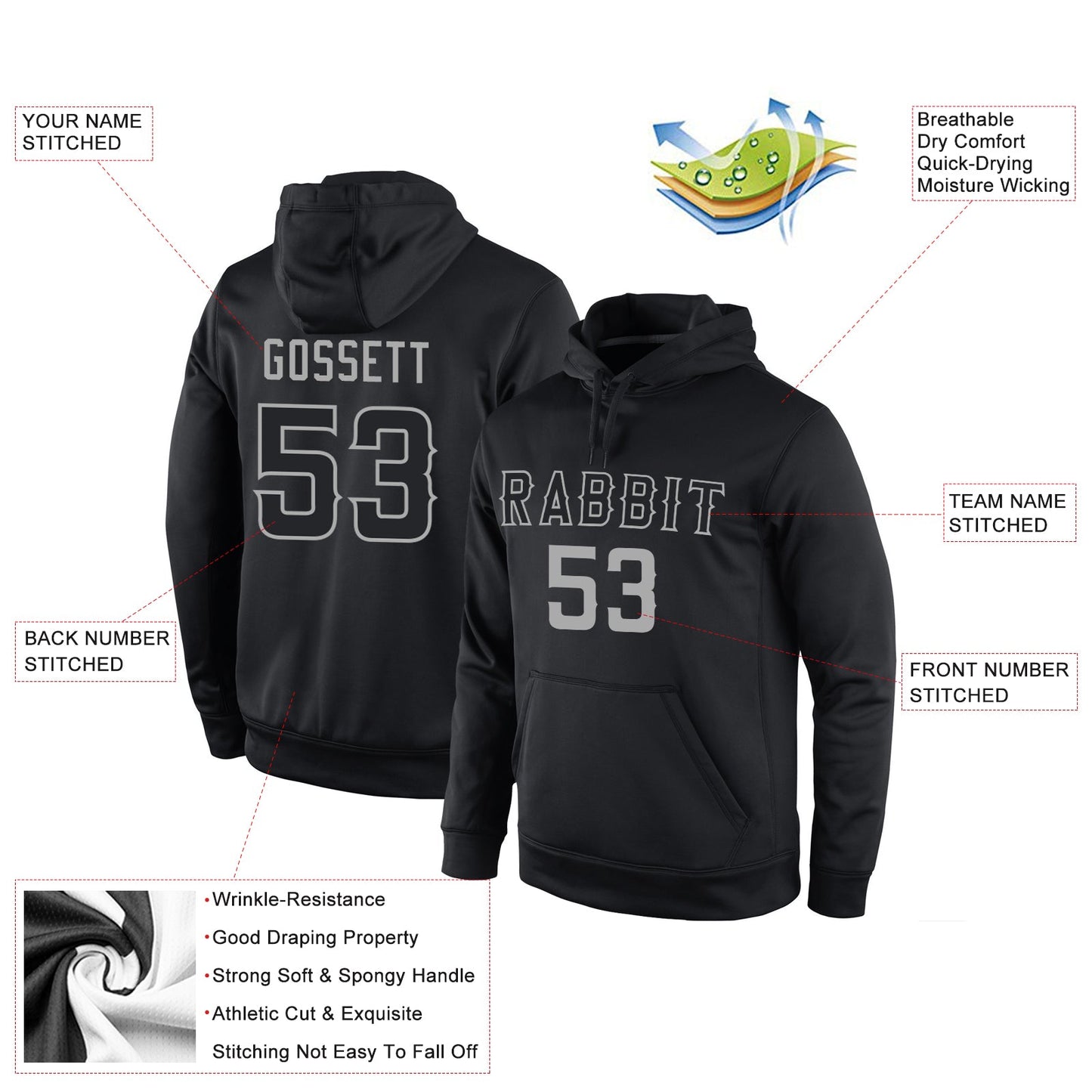 Custom Stitched Black Black-Gray Sports Pullover Sweatshirt Hoodie view 4