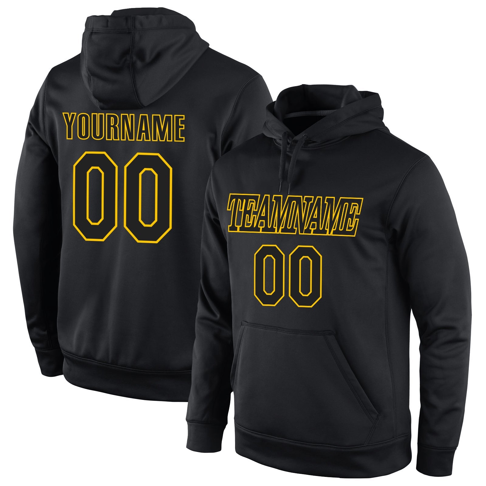 Custom Stitched Black Black-Gold Sports Pullover Sweatshirt Hoodie - Main View