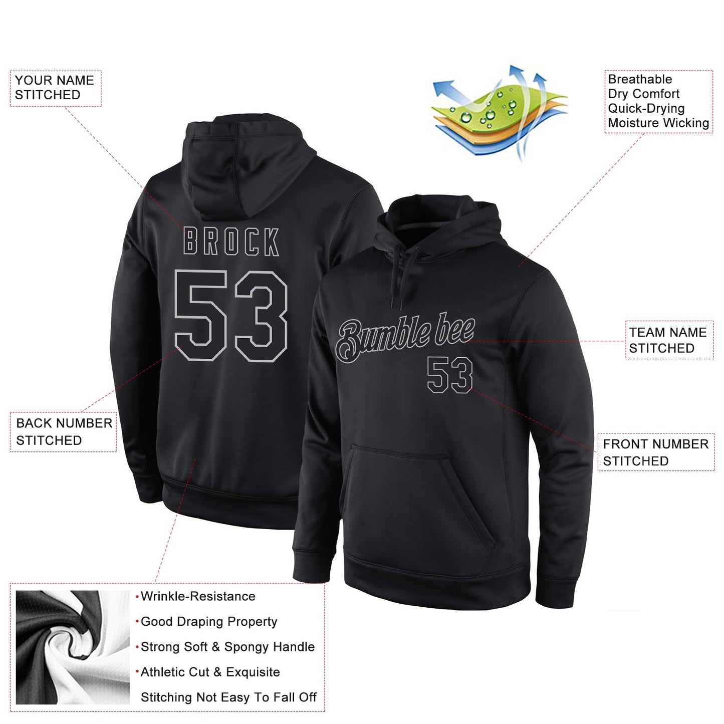 Custom Stitched Black Black-Gray Sports Pullover Sweatshirt Hoodie view 4