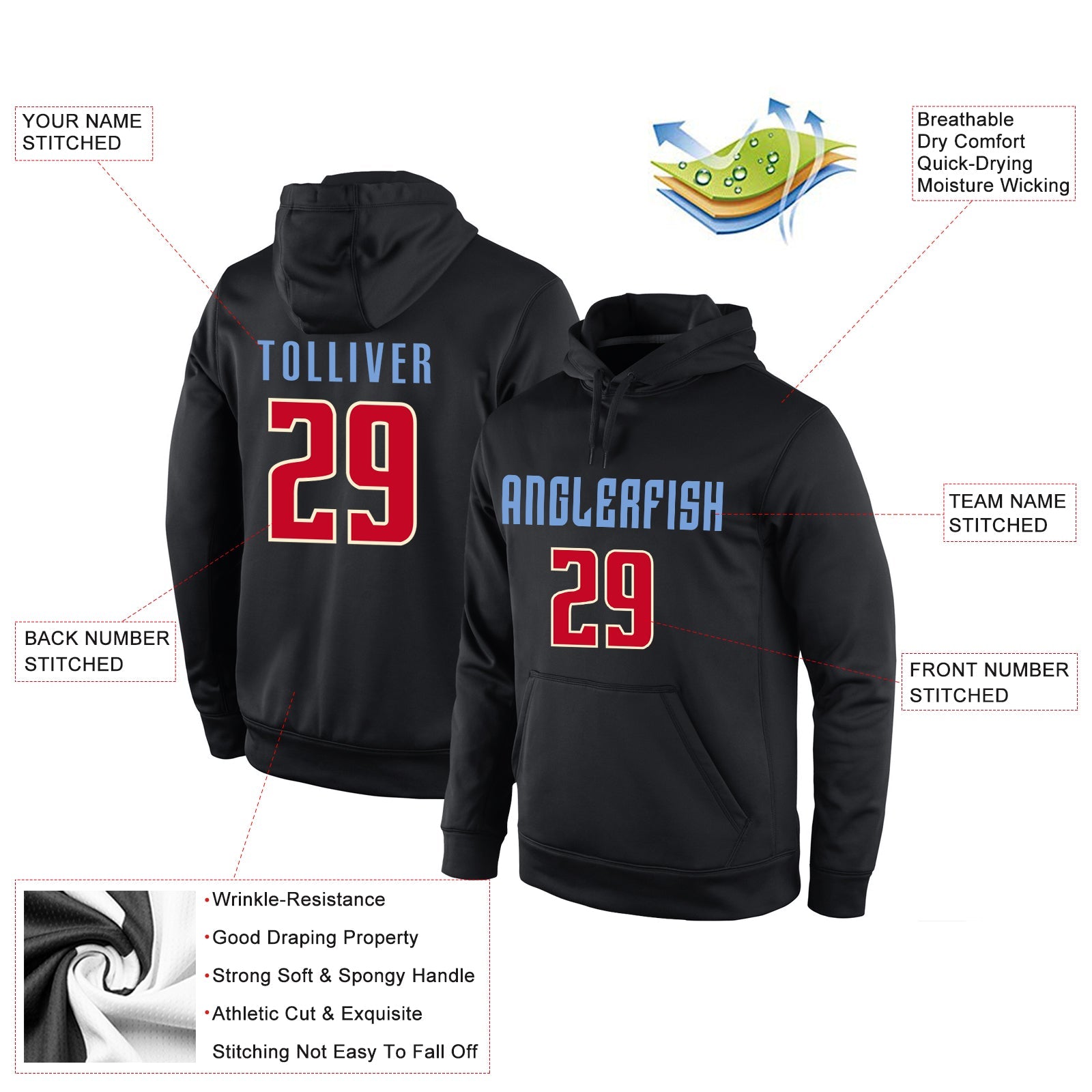 Custom Stitched Black Red-Cream Sports Pullover Sweatshirt Hoodie view 4