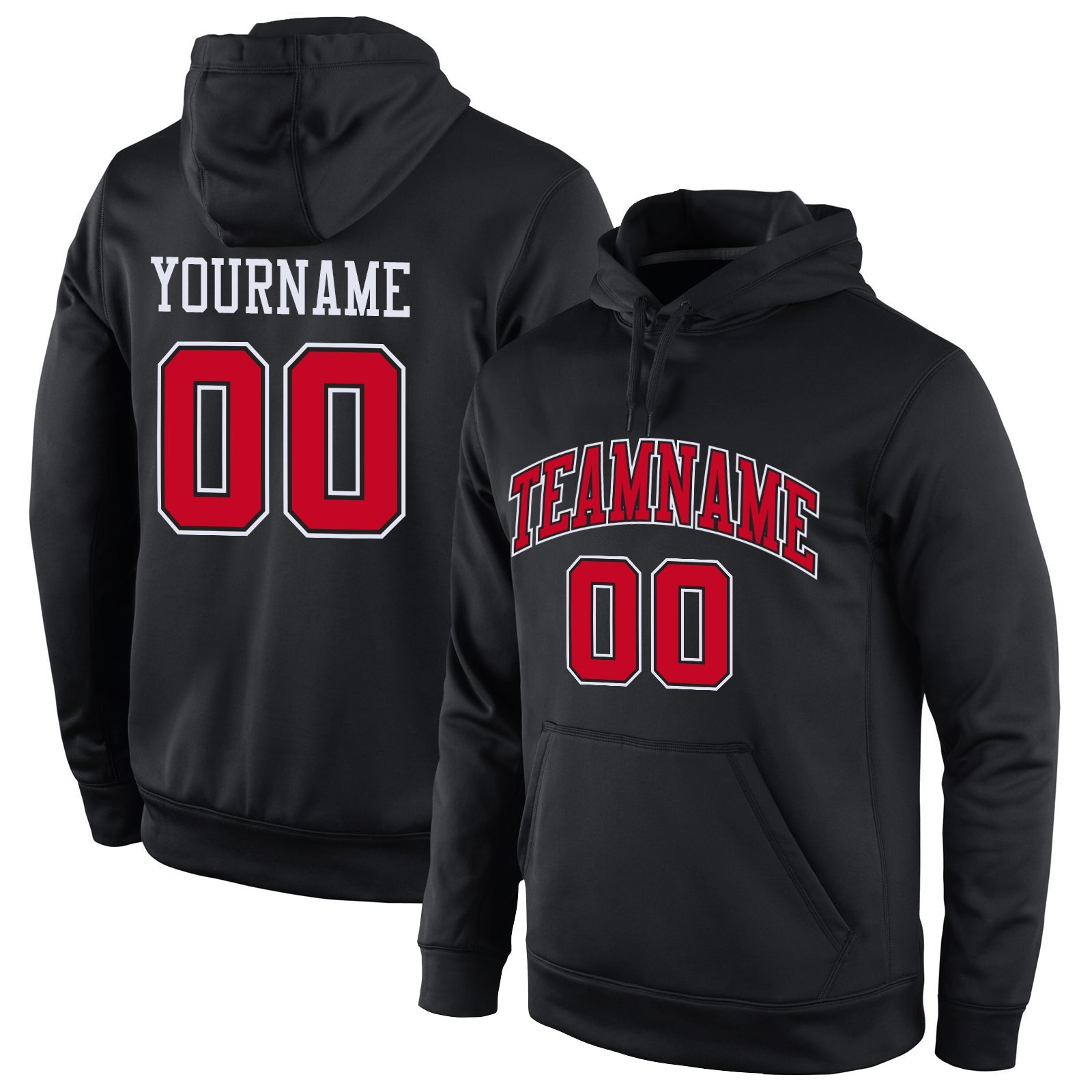Custom Stitched Black Red-White Sports Pullover Sweatshirt Hoodie - Main View