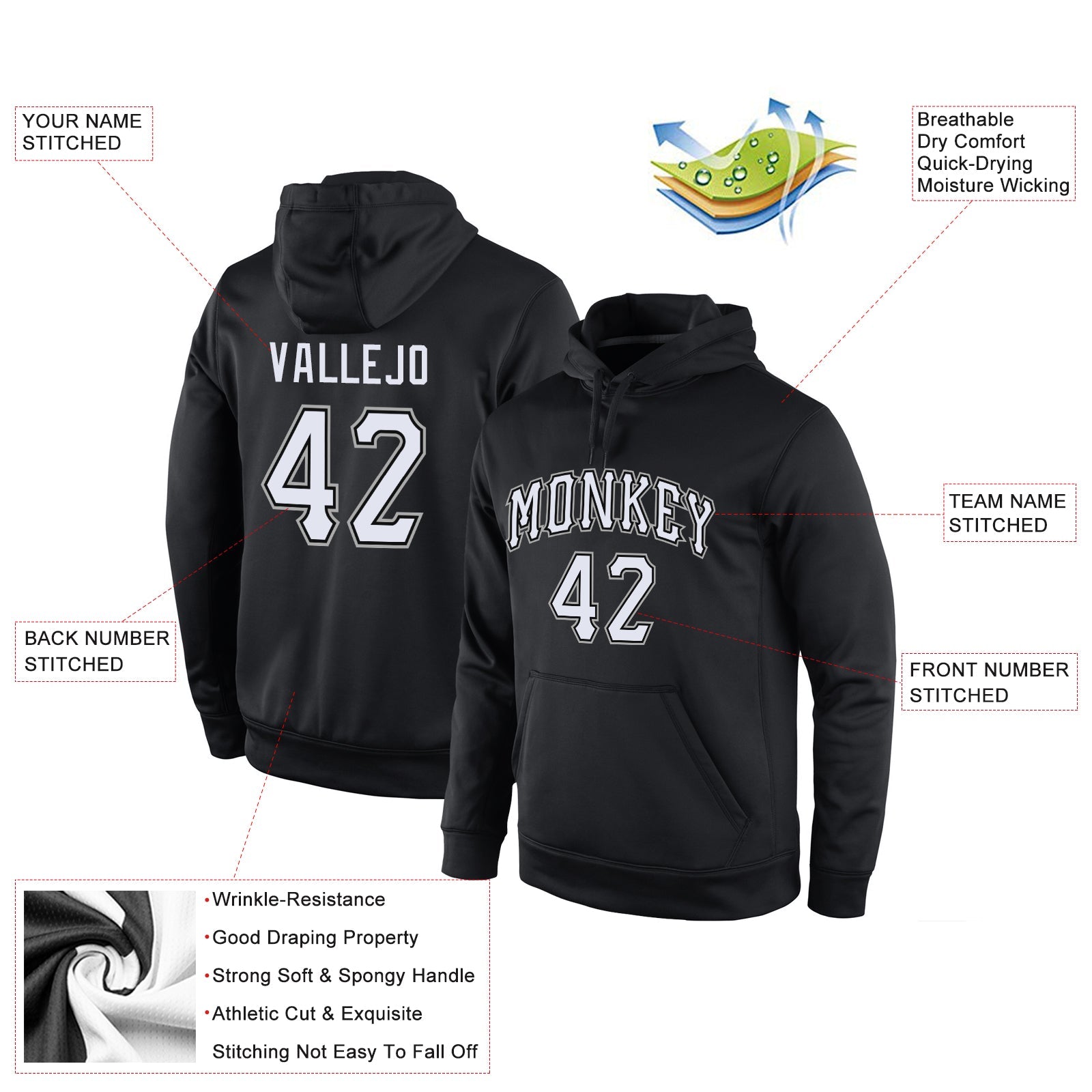 Custom Stitched Black White-Gray Sports Pullover Sweatshirt Hoodie view 4