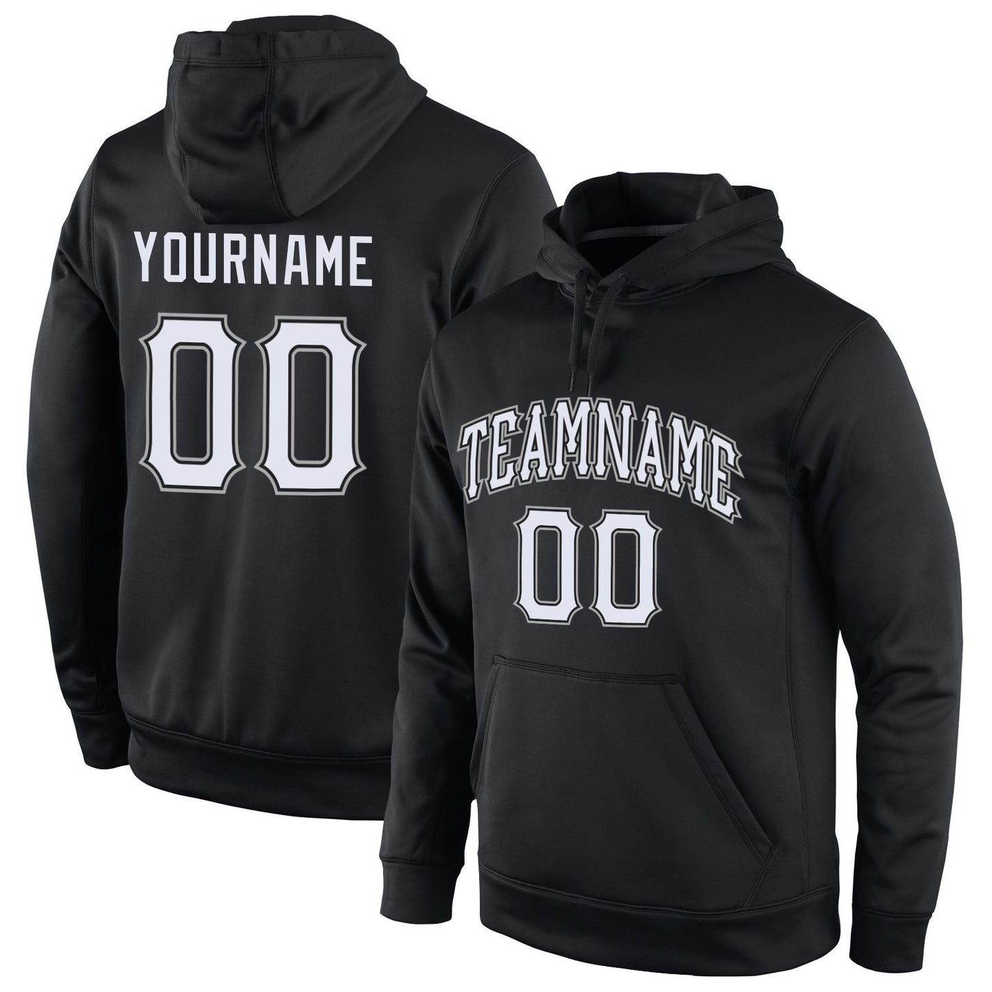 Custom Stitched Black White-Gray Sports Pullover Sweatshirt Hoodie - Main View