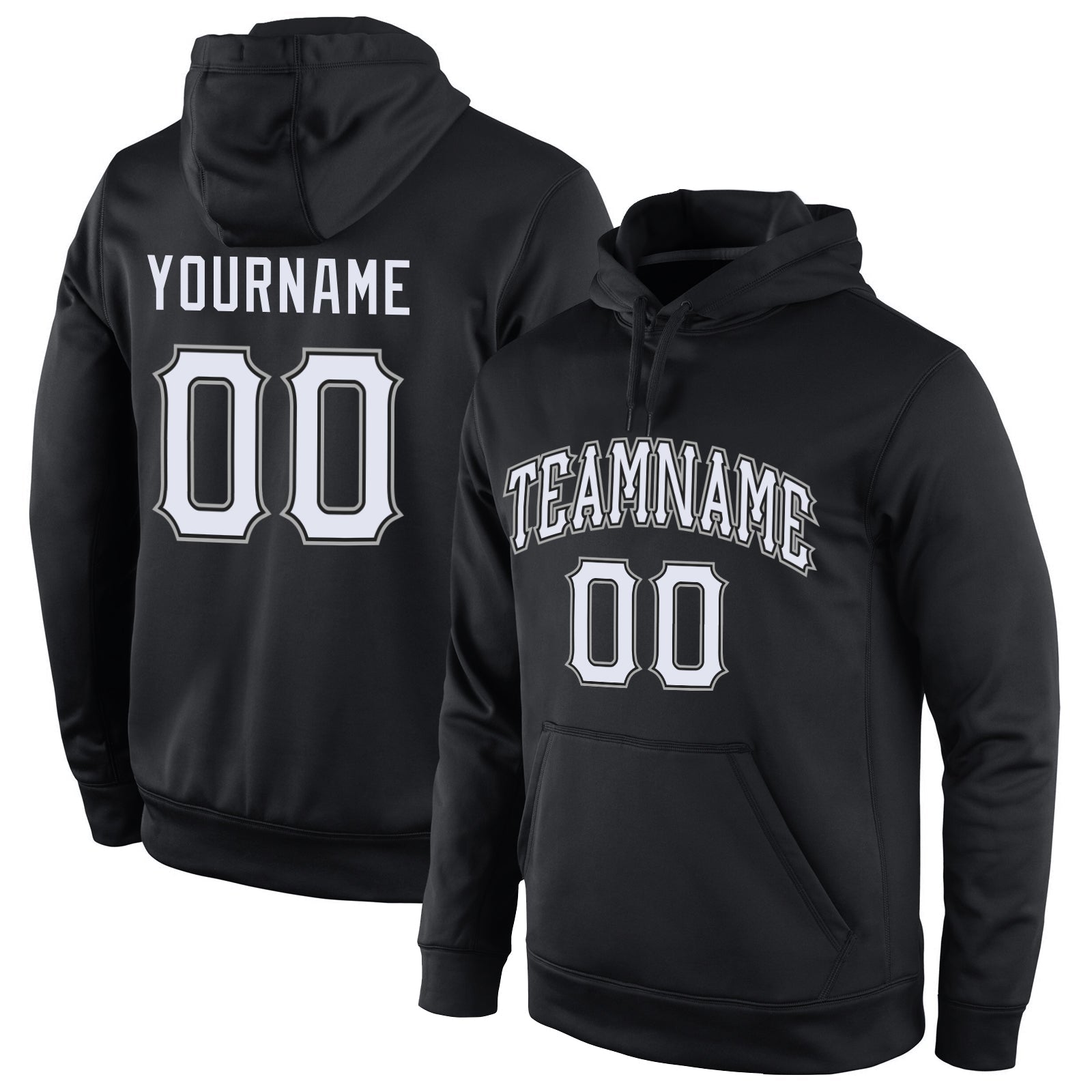 Custom Stitched Black White-Gray Sports Pullover Sweatshirt Hoodie - Main View