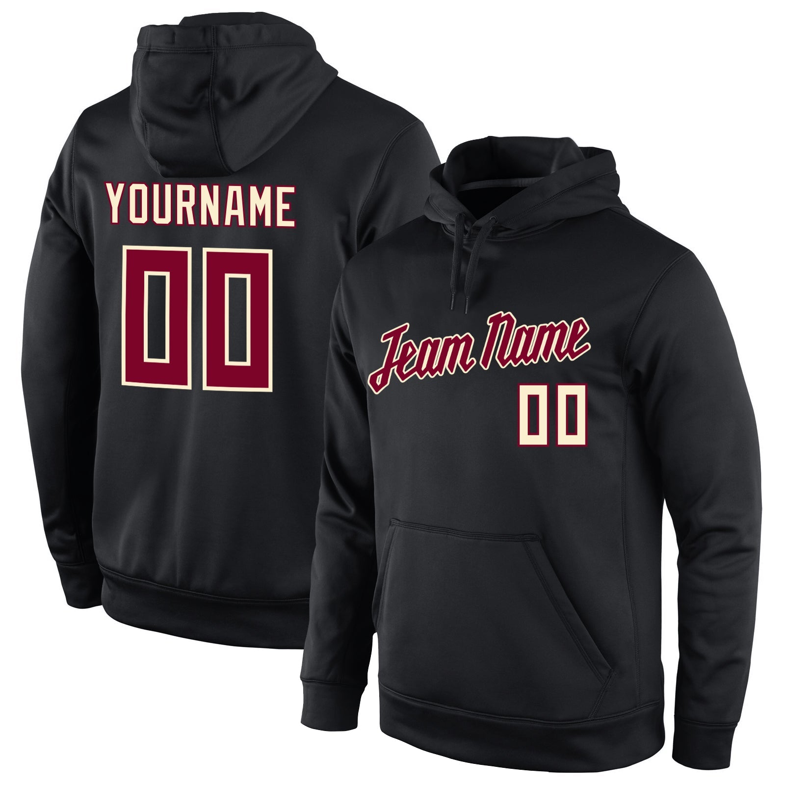Custom Stitched Black Crimson-Cream Sports Pullover Sweatshirt Hoodie - Main View
