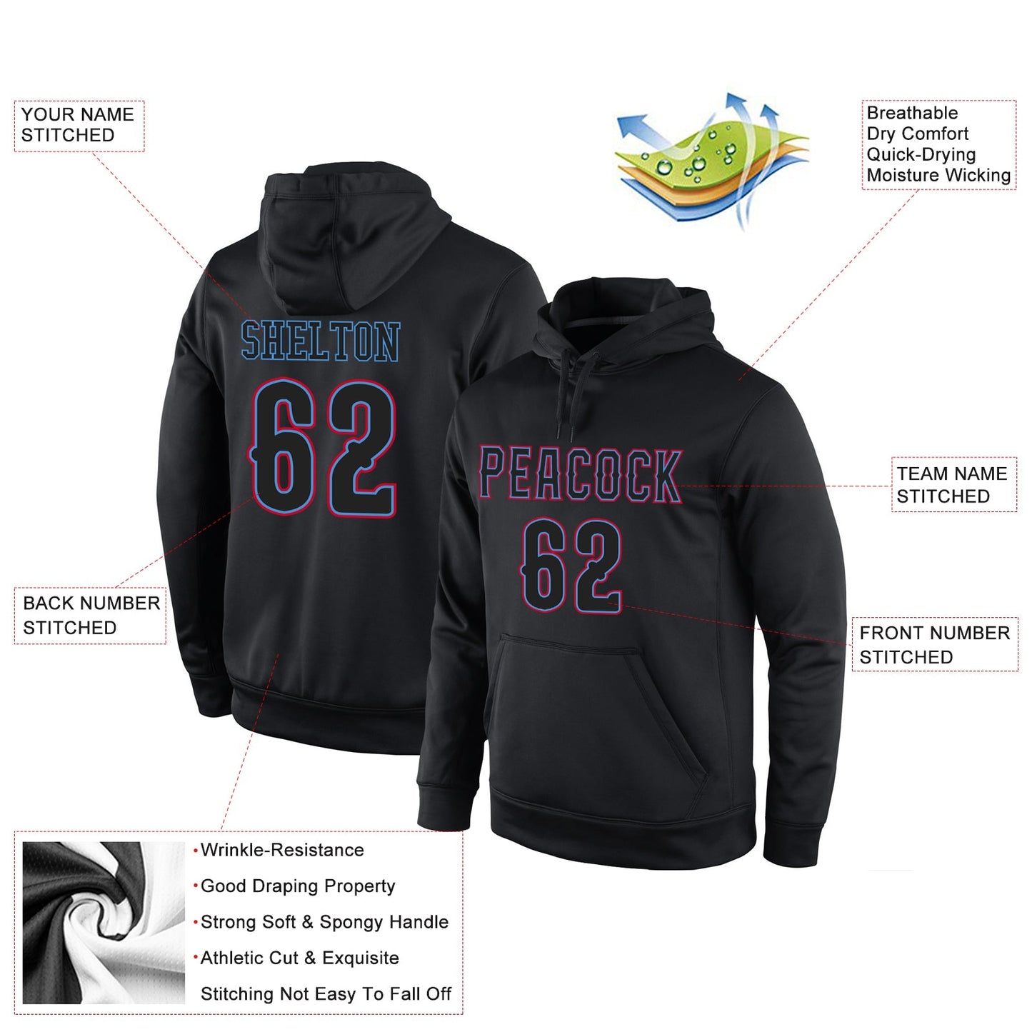 Custom Stitched Black Black-Powder Blue Sports Pullover Sweatshirt Hoodie view 4