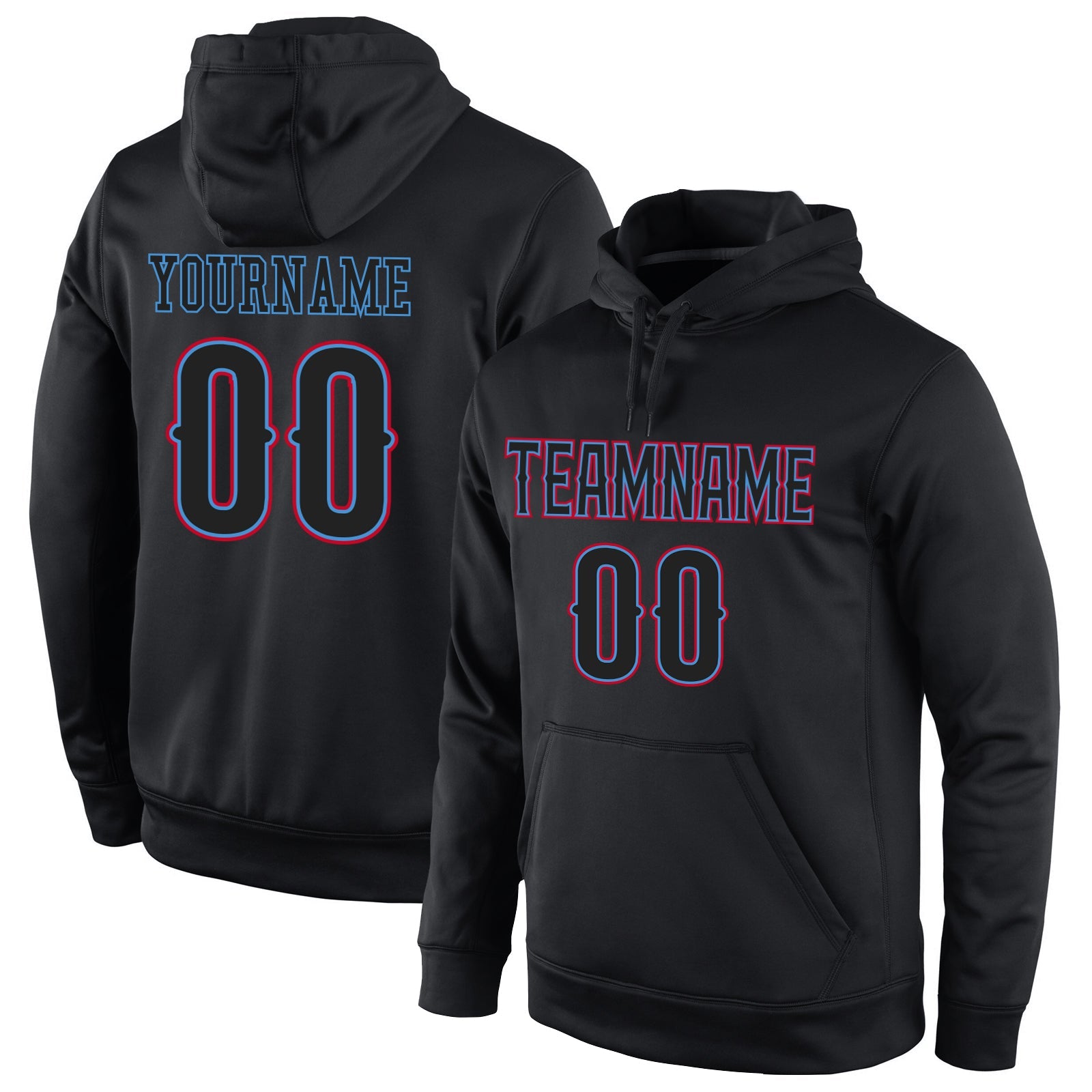 Custom Stitched Black Black-Powder Blue Sports Pullover Sweatshirt Hoodie - Main View