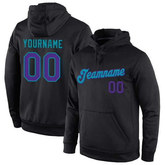 Custom Stitched Black Purple-Teal Sports Pullover Sweatshirt Hoodie - Main View