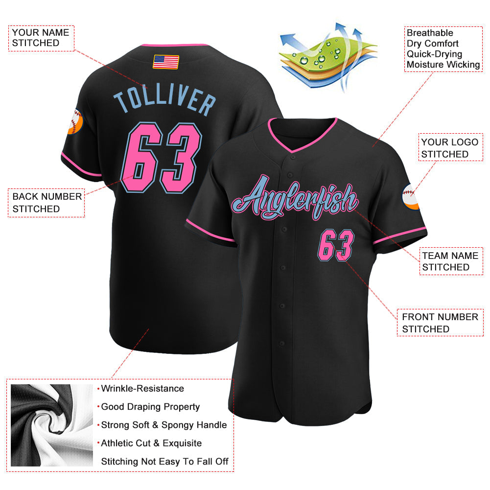 Custom Black Pink-Light Blue Authentic American Flag Fashion Baseball Jersey view 3