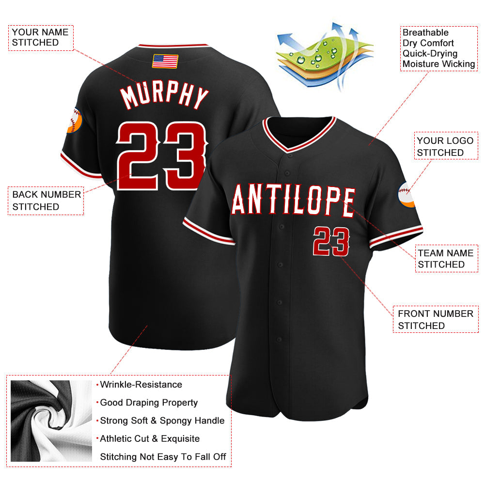 Custom Black Red-White Authentic American Flag Fashion Baseball Jersey view 3
