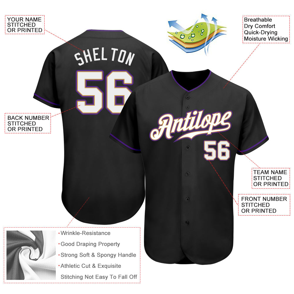 Custom Black White-Purple Authentic Baseball Jersey view 3