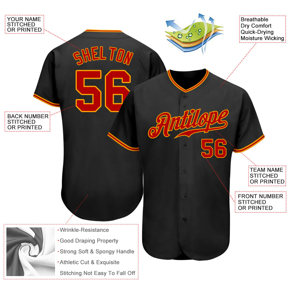 Custom Black Red-Gold Authentic Baseball Jersey view 3