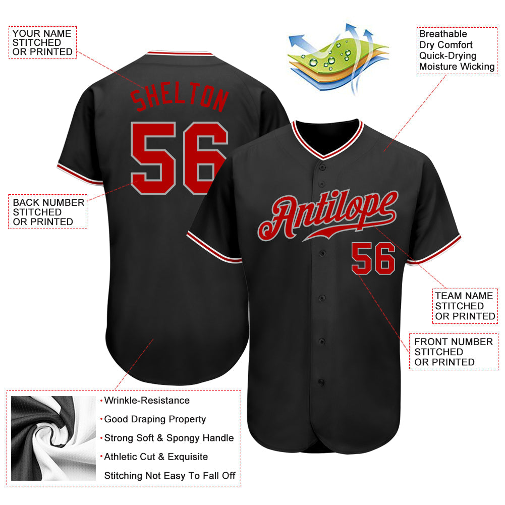 Custom Black Red-Gray Authentic Baseball Jersey view 4