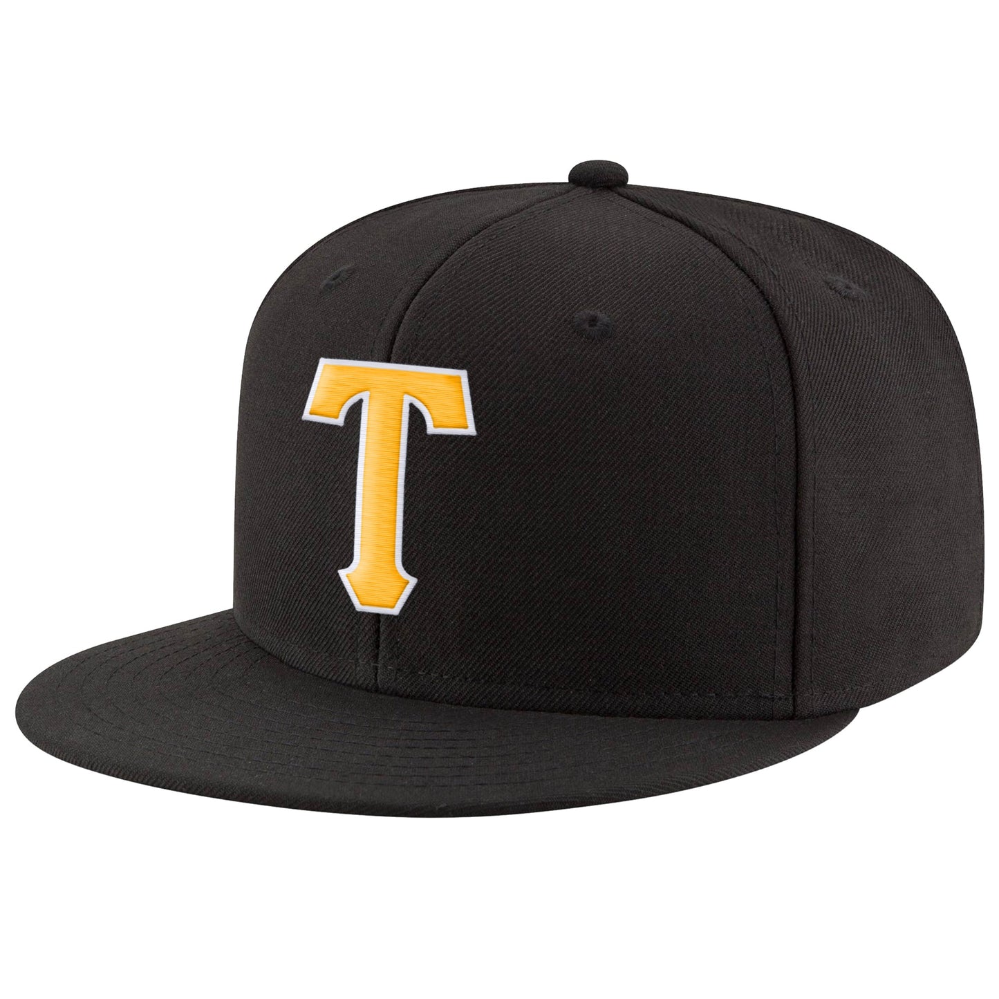 Custom Black Gold-White Stitched Adjustable Snapback Hat - Main View