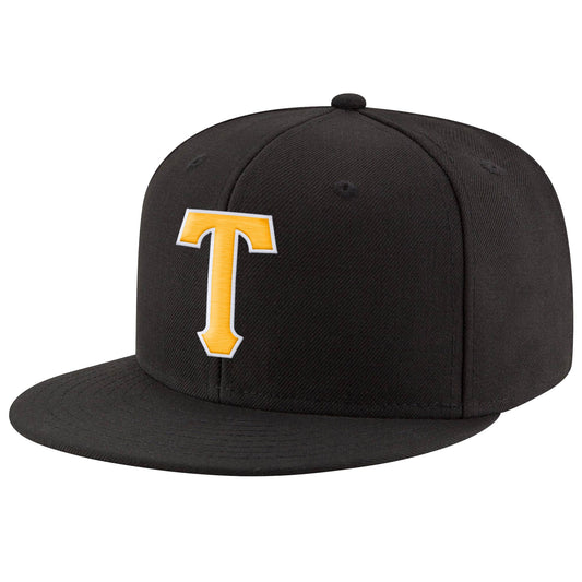 Custom Black Gold-White Stitched Adjustable Snapback Hat - Main View