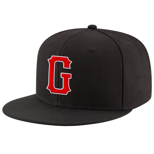 Custom Black Red-White Stitched Adjustable Snapback Hat - Main View