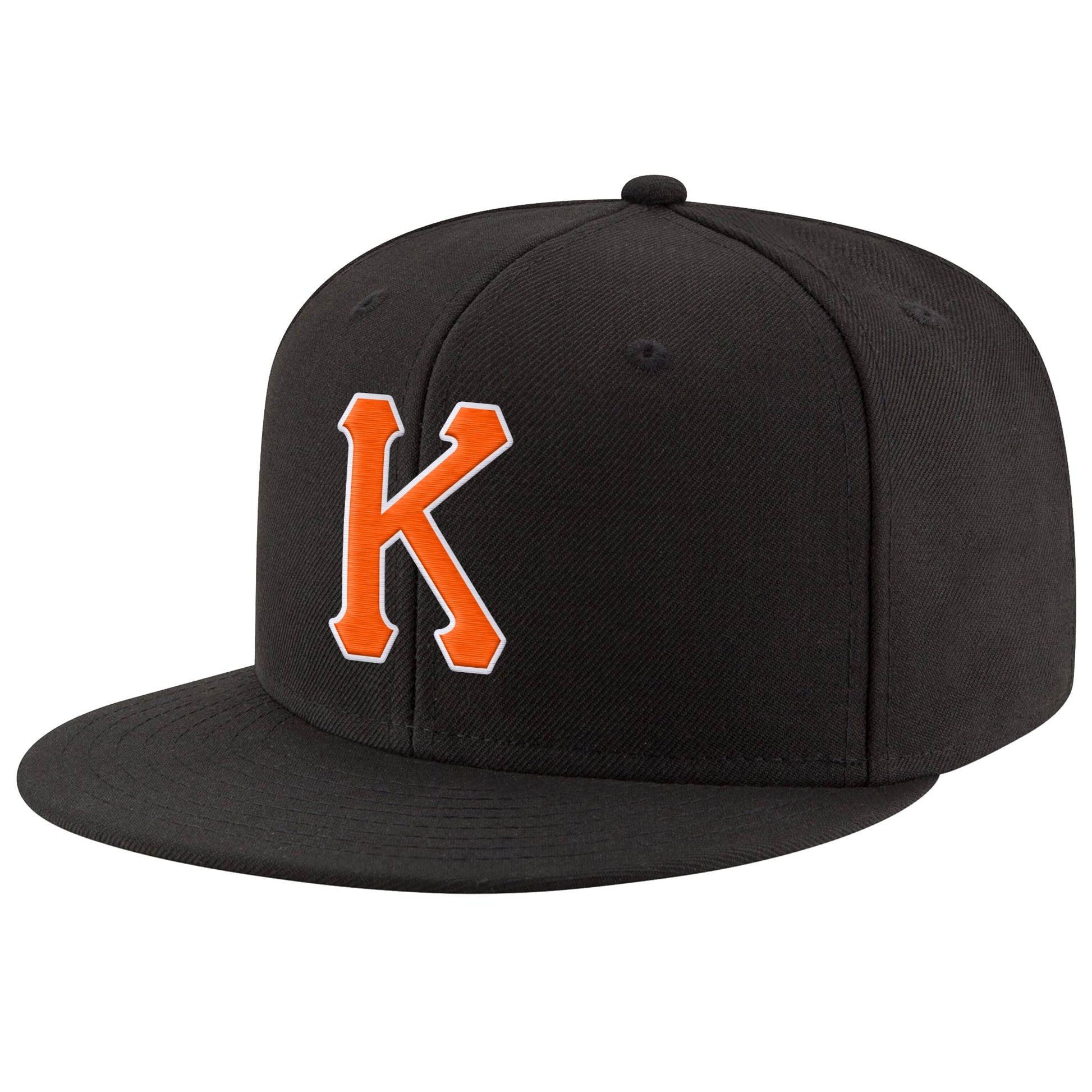 Custom Black Orange-White Stitched Adjustable Snapback Hat - Main View