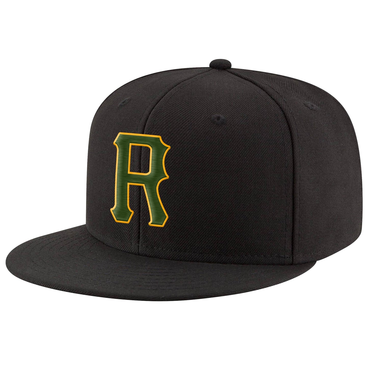 Custom Black Green-Gold Stitched Adjustable Snapback Hat - Main View