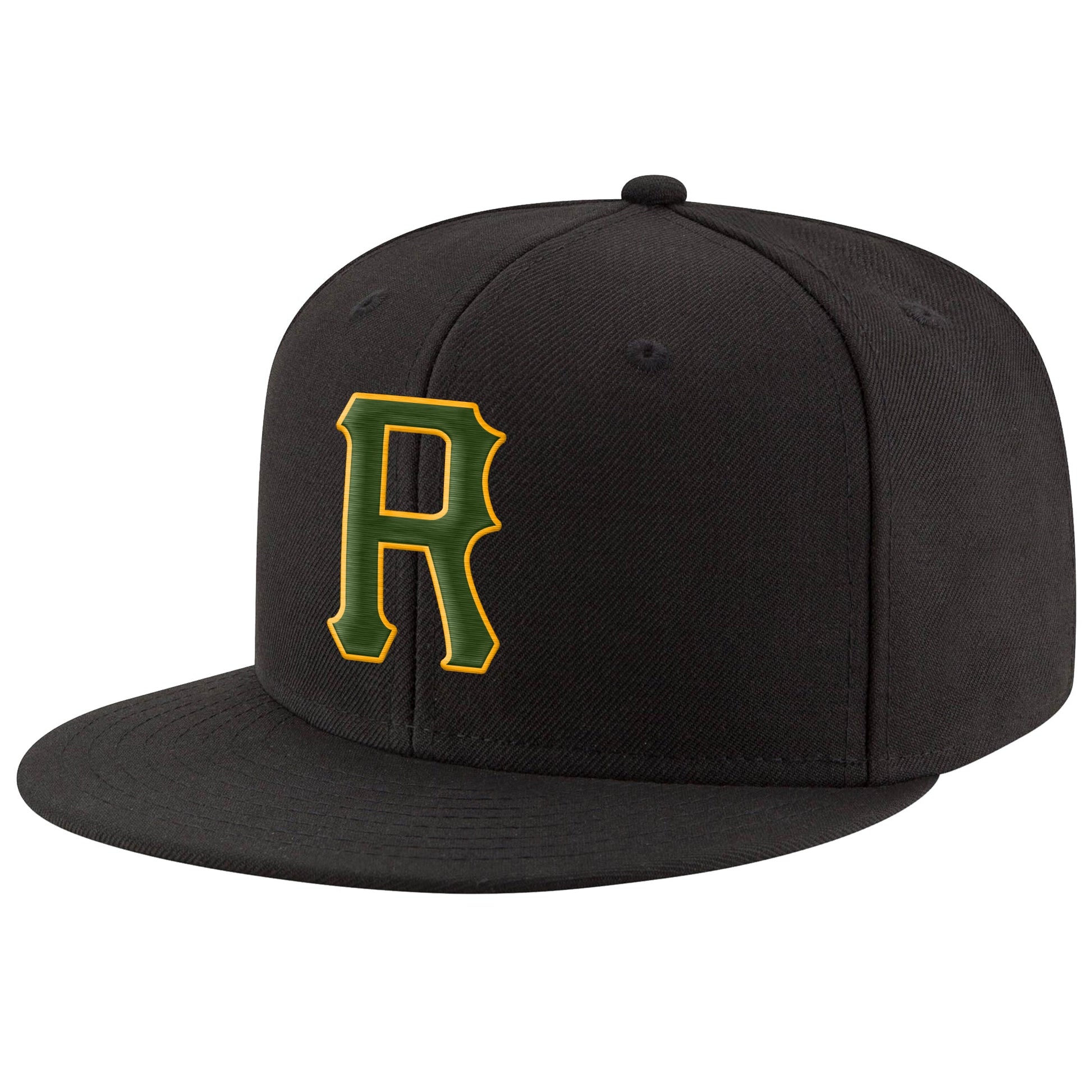 Custom Black Green-Gold Stitched Adjustable Snapback Hat - Main View