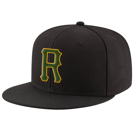 Custom Black Green-Gold Stitched Adjustable Snapback Hat - Main View