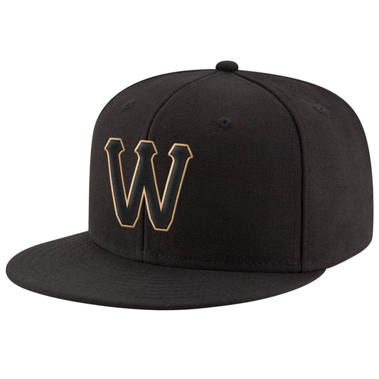 Custom Black Black-Old Gold Stitched Adjustable Snapback Hat - Main View