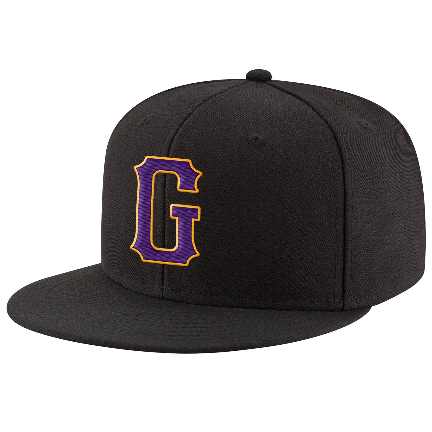 Custom Black Purple-Gold Stitched Adjustable Snapback Hat - Main View