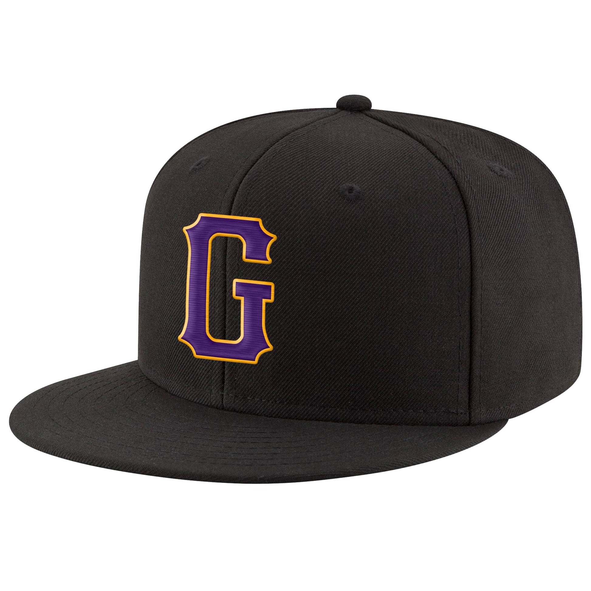 Custom Black Purple-Gold Stitched Adjustable Snapback Hat - Main View