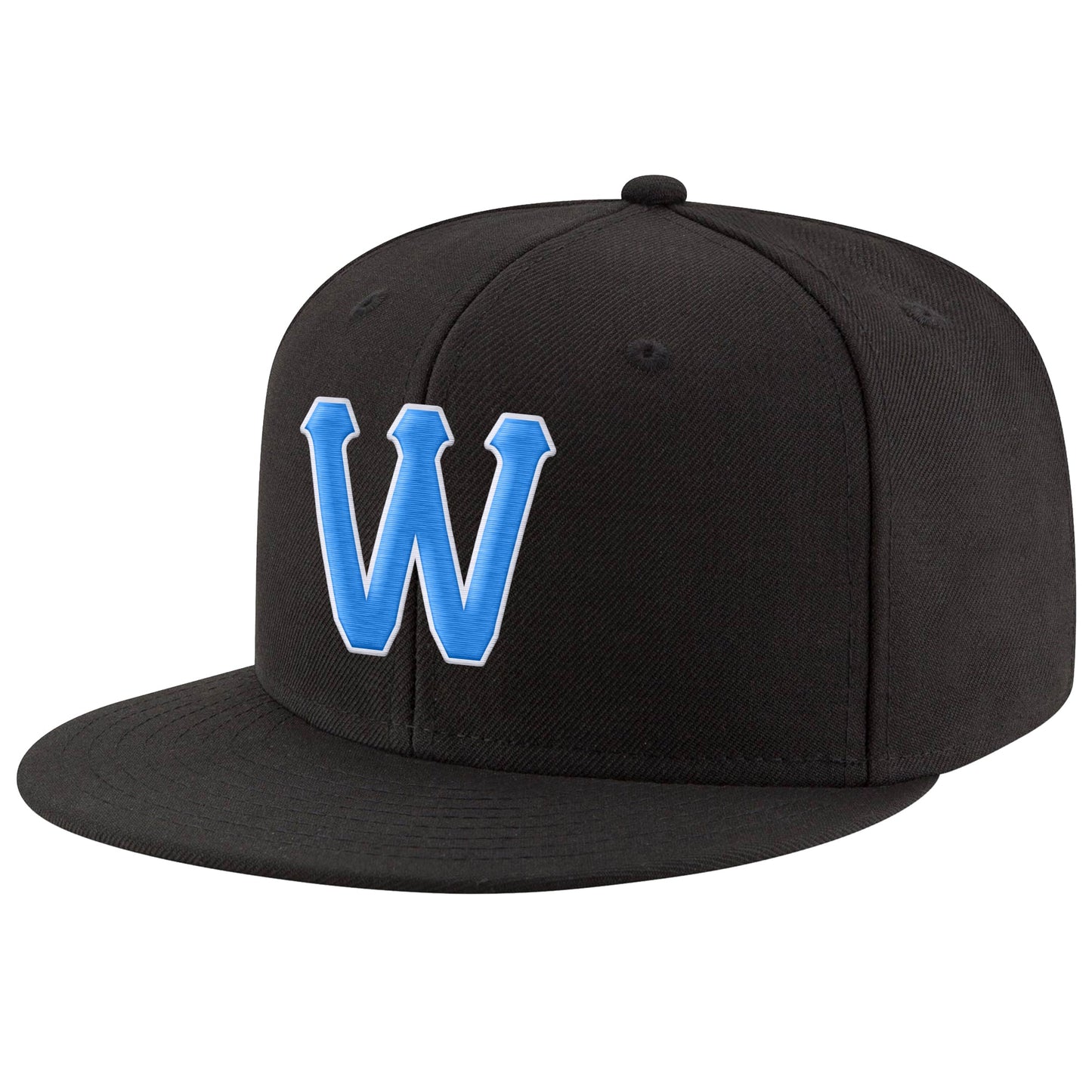 Custom Black Powder Blue-White Stitched Adjustable Snapback Hat - Main View