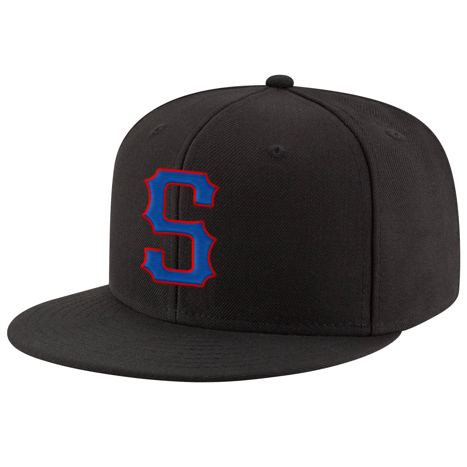 Custom Black Royal-Red Stitched Adjustable Snapback Hat - Main View