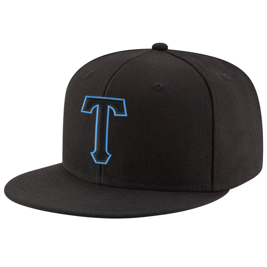 Custom Black Black-Powder Blue Stitched Adjustable Snapback Hat - Main View