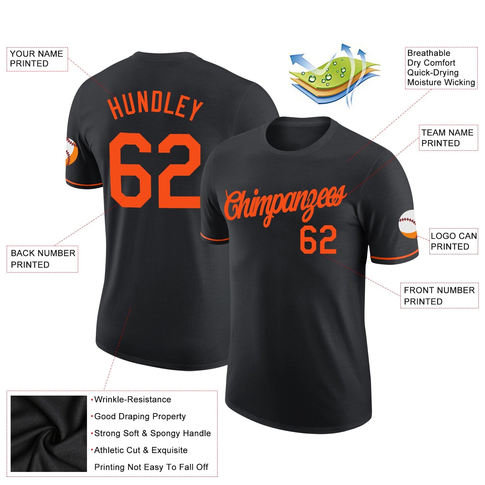 Custom Black Orange Performance T-Shirt view 2