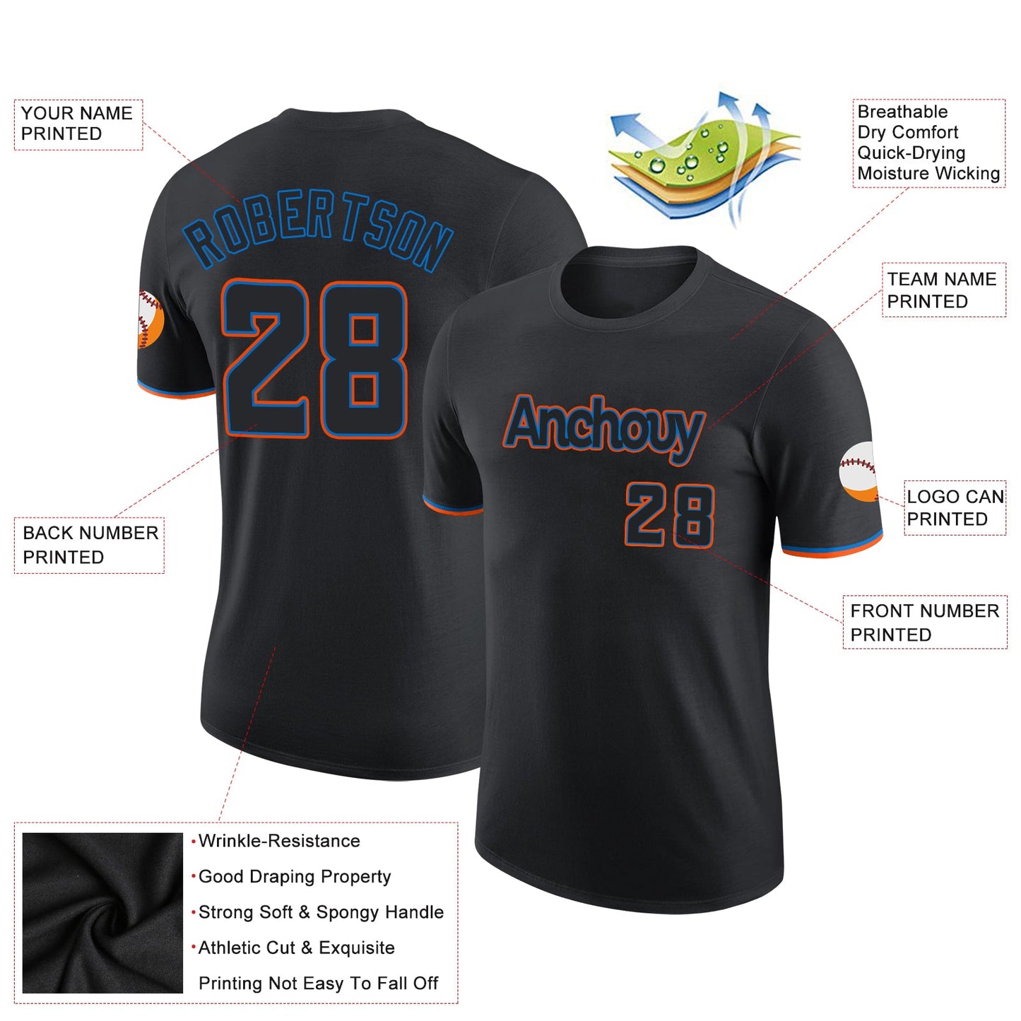 Custom Black Black-Powder Blue Performance T-Shirt view 2