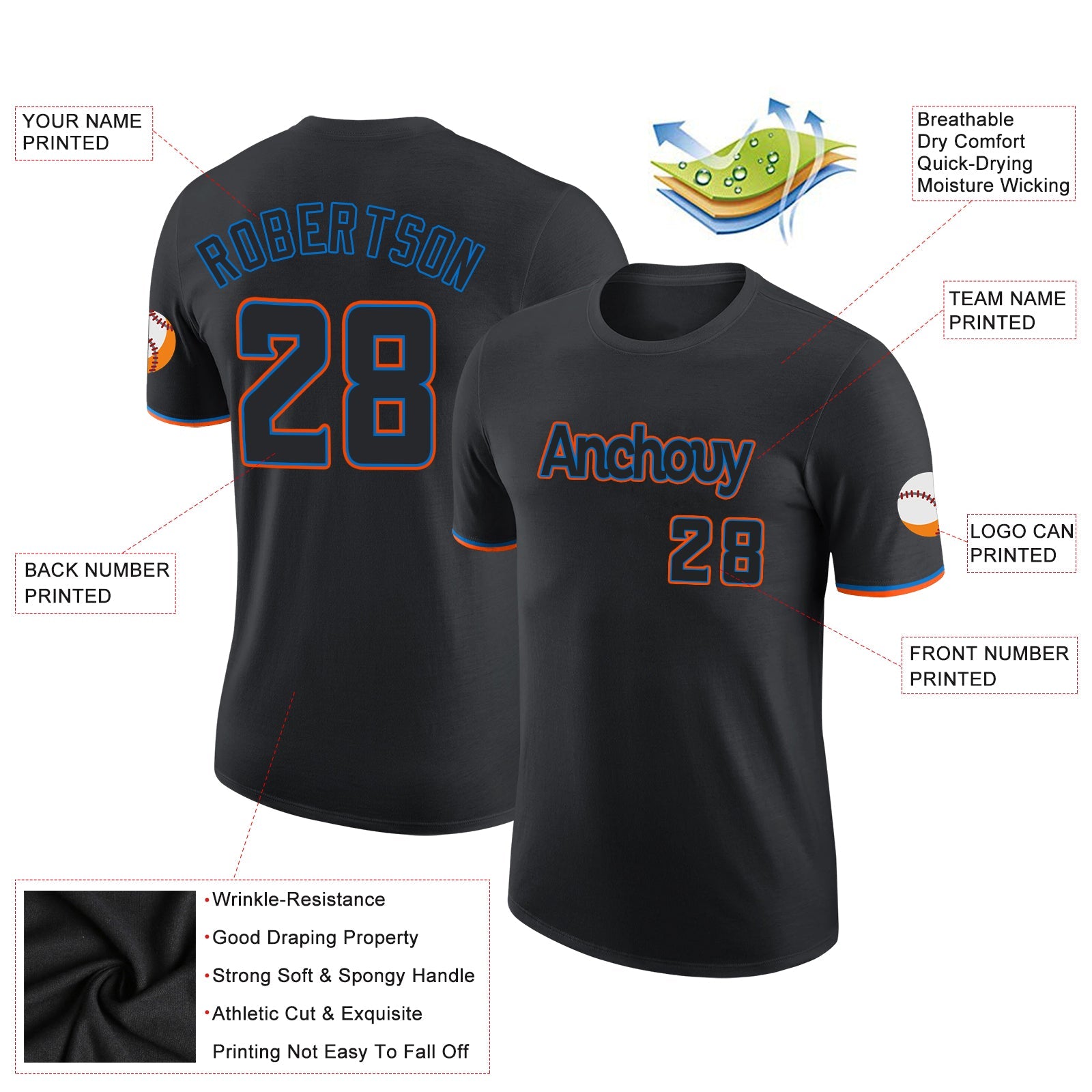 Custom Black Black-Powder Blue Performance T-Shirt view 2