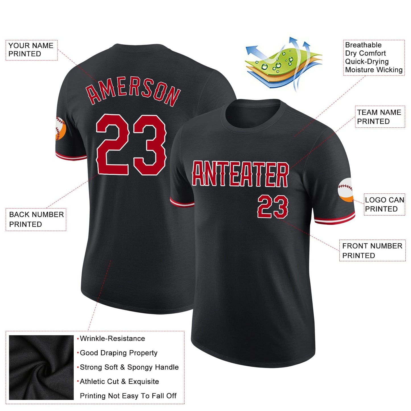 Custom Black Red-White Performance T-Shirt view 2